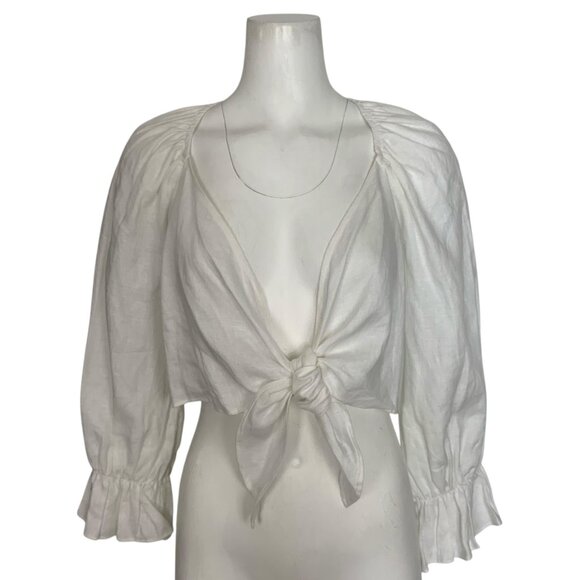 Reformation Hummingbird Linen Top Blouse S White Cropped Tie Front Resortwear - Picture 1 of 12